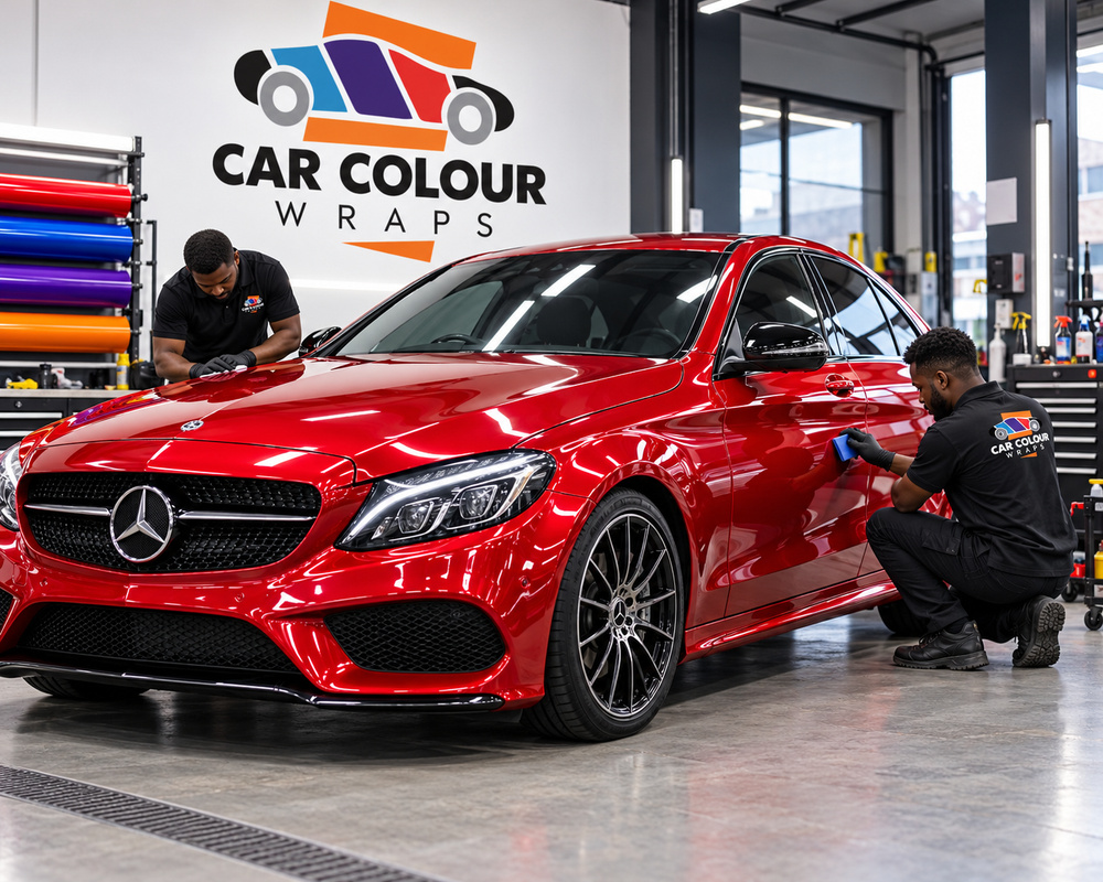 Illustration of a sedan in a gloss red wrap being finished by two installers