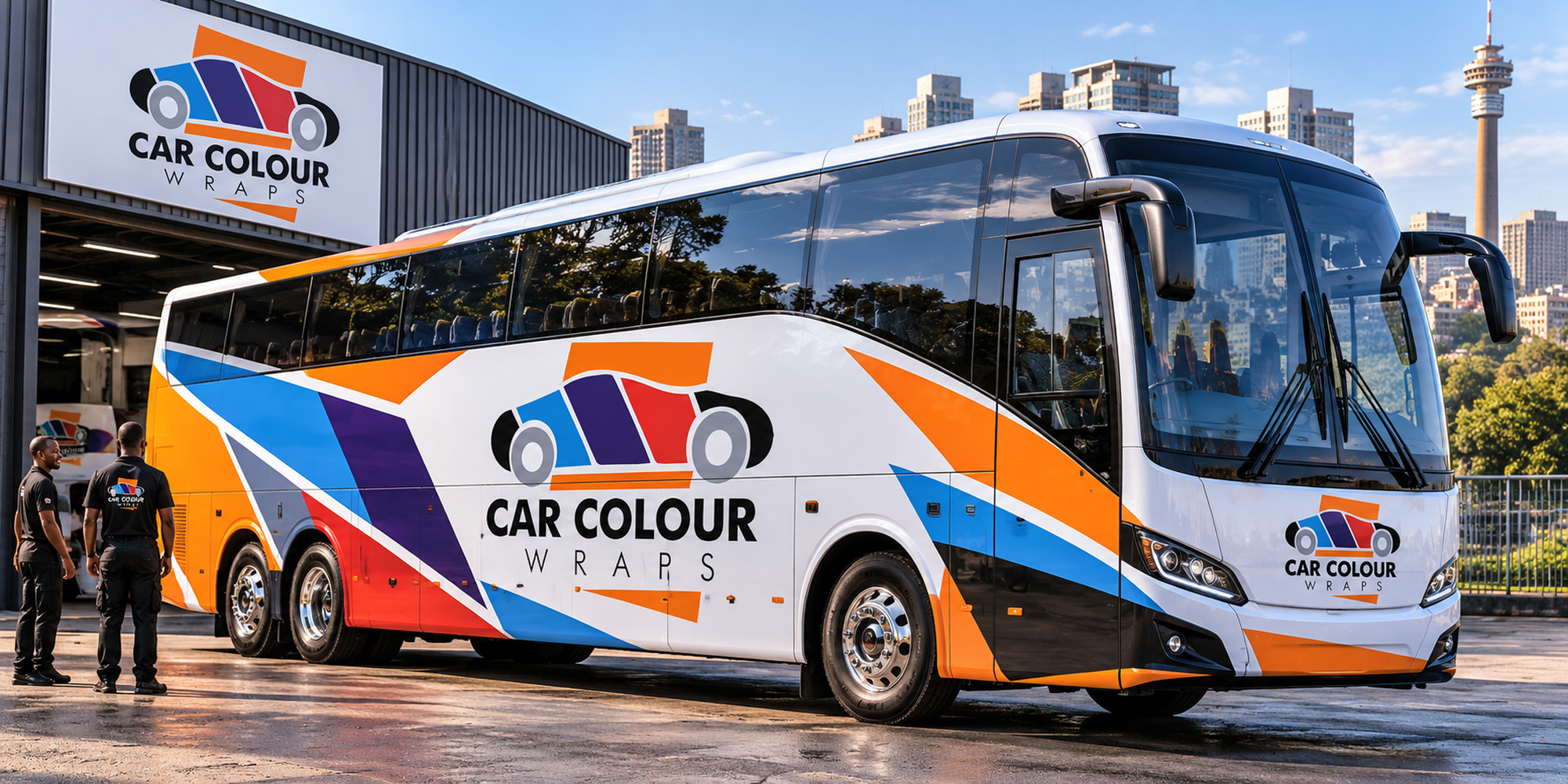 Illustration of a white coach bus with orange, blue and purple printed branding