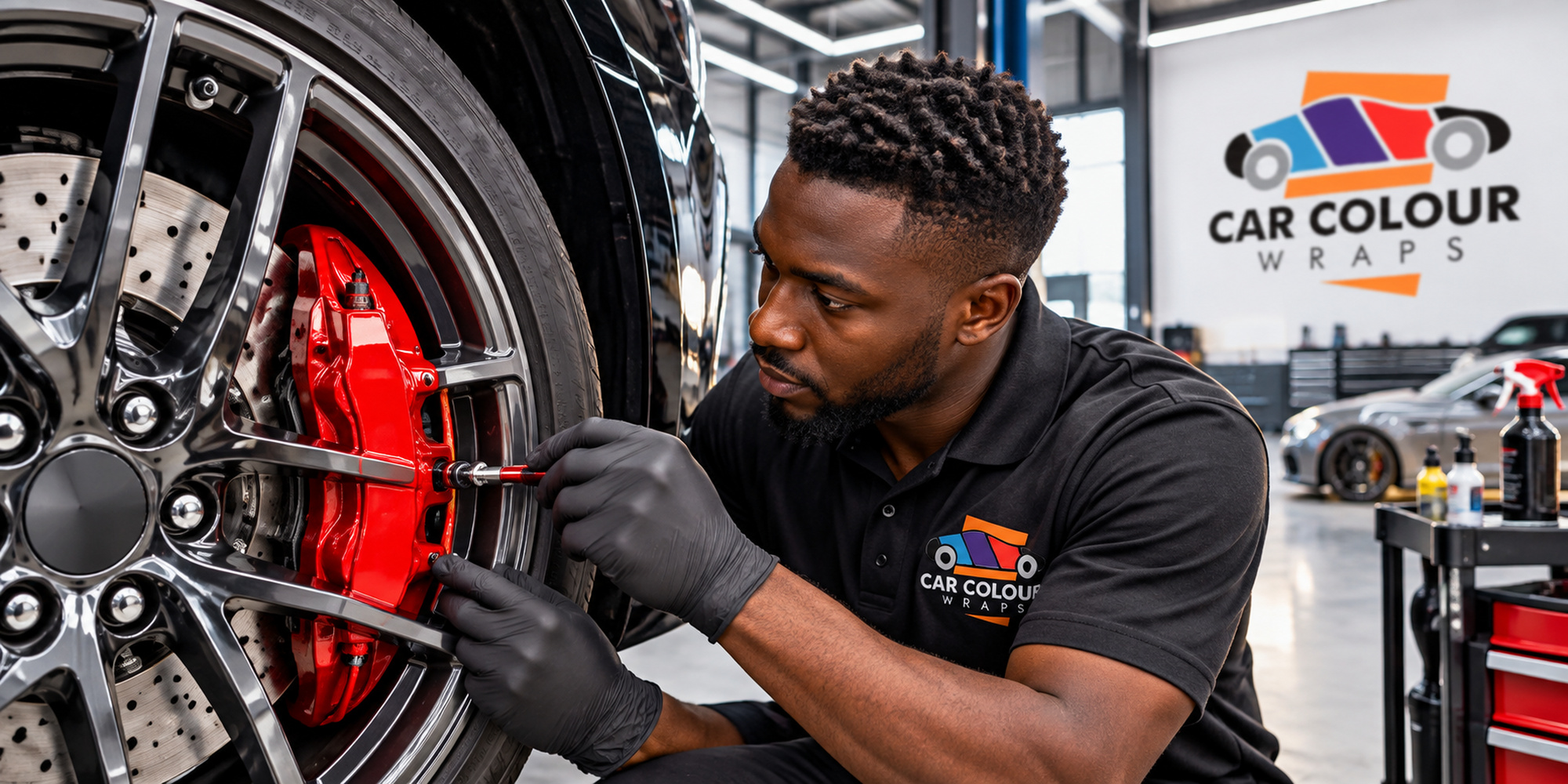 Illustration of a technician working on a red brake calliper behind a black alloy wheel