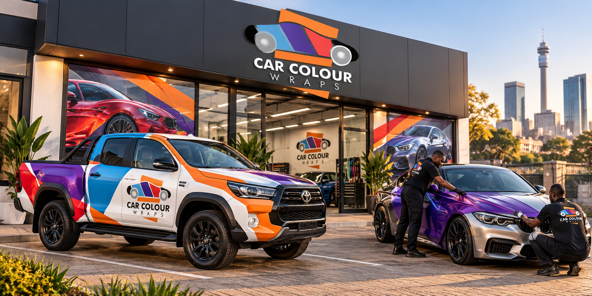 Illustration of a branded shopfront with wrapped vehicles outside