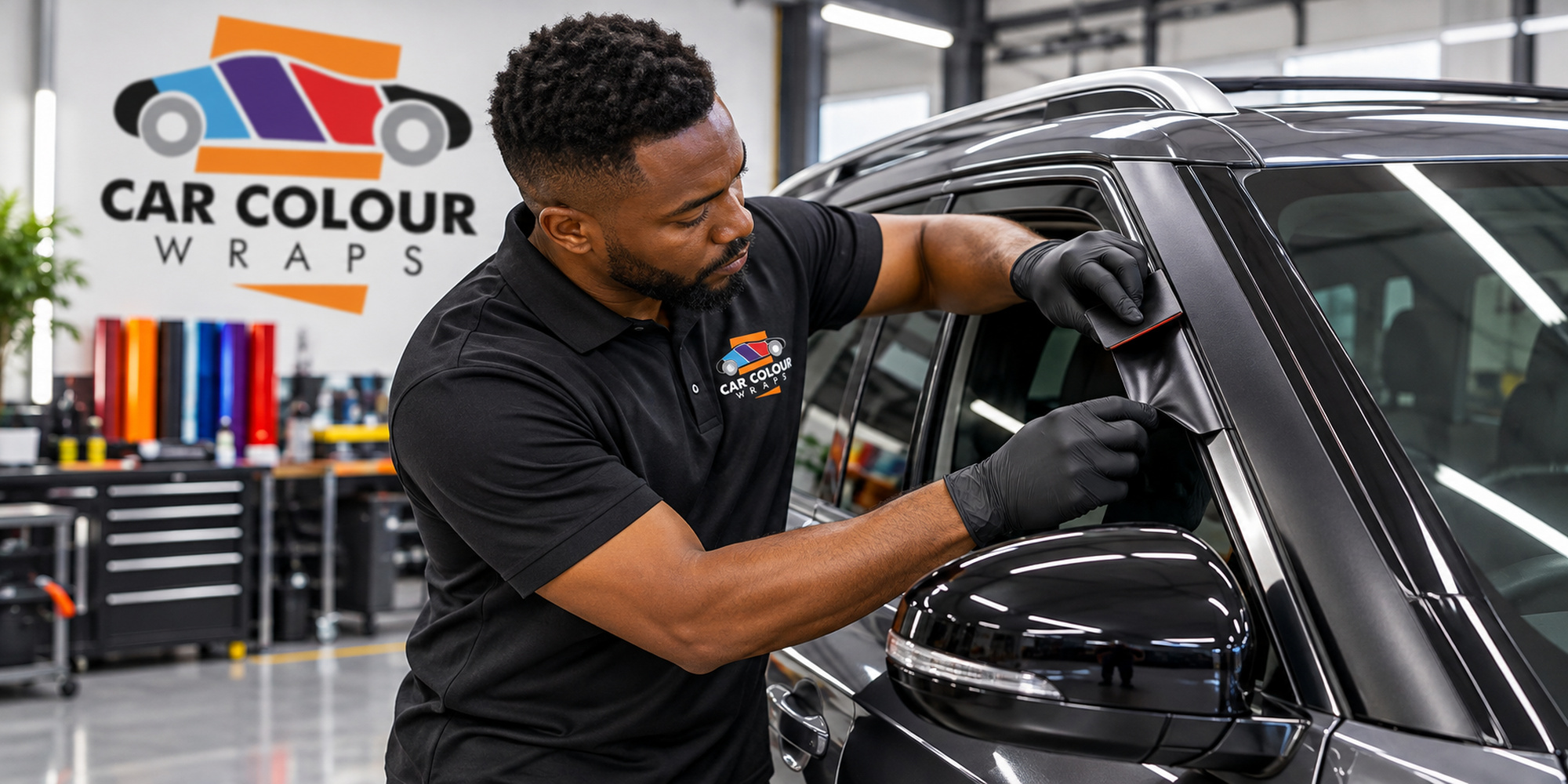 Illustration of an installer wrapping a car’s chrome window trim in gloss black film