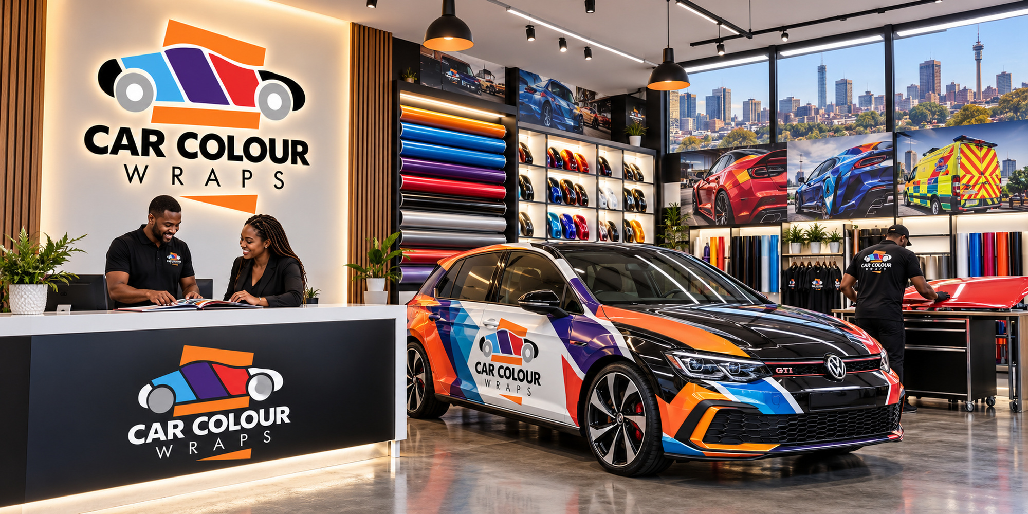 Illustration of a showroom with a reception counter and a wrapped hatchback