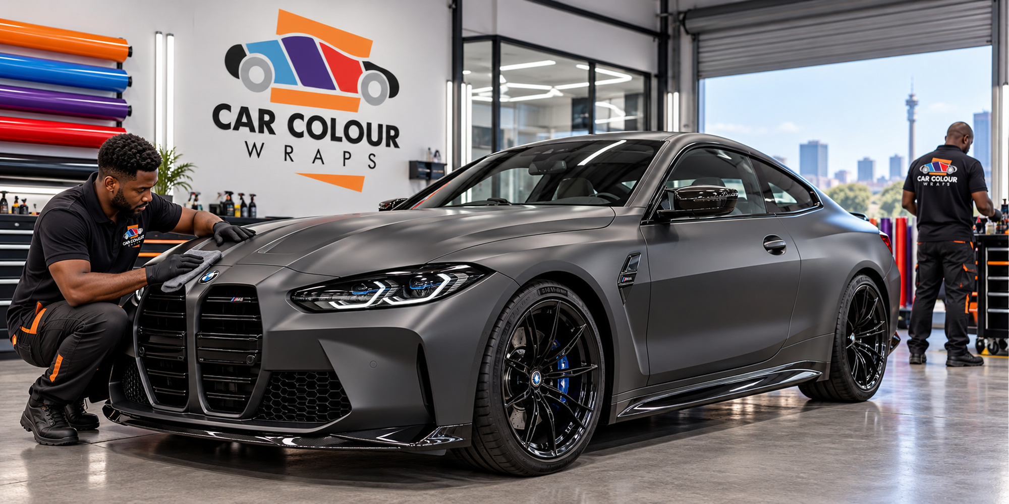 Illustration of a coupé in a matte grey wrap with black wheels in a workshop, installer checking the front bumper