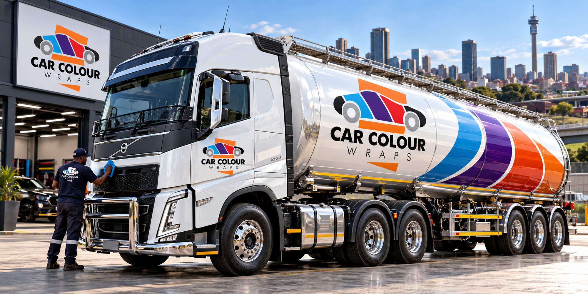 Illustration of a truck tractor and tanker trailer with colour-stripe branding
