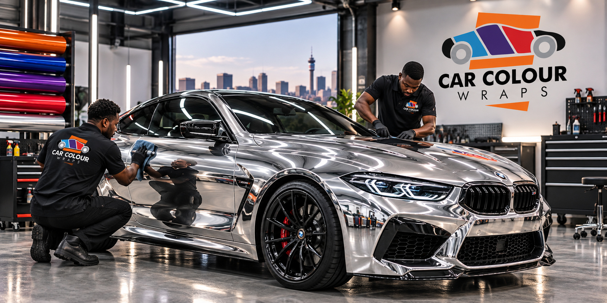 Illustration of a coupé wrapped in mirror silver chrome film with two installers