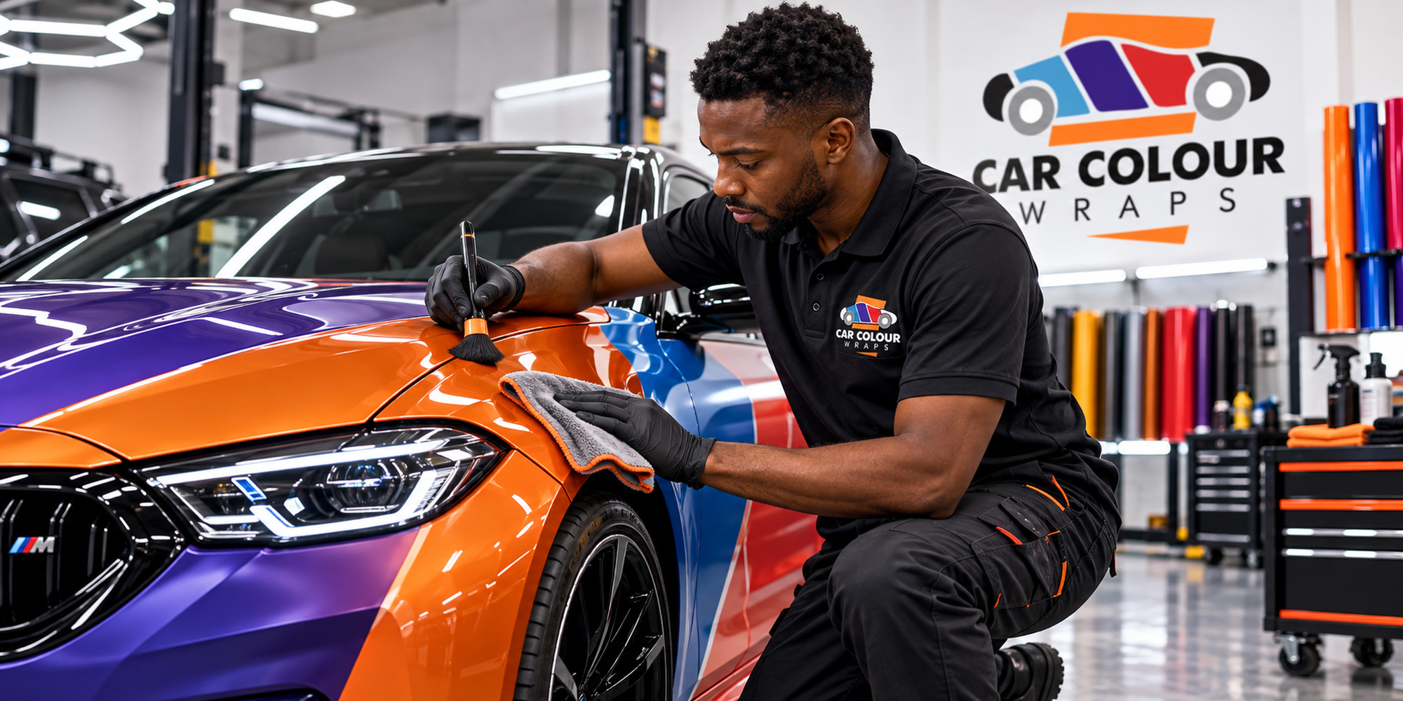 Illustration of a technician finishing the edge of orange, purple and blue accent graphics on a car’s front wing