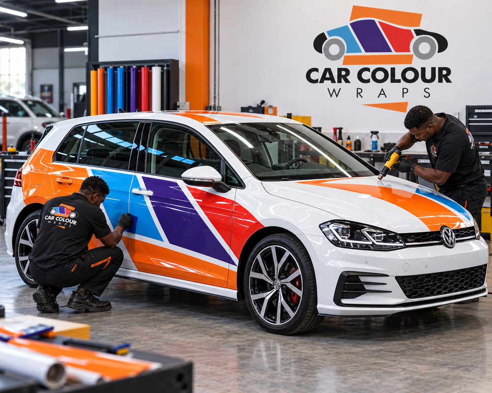 Illustration of a white hatchback with orange, blue and purple partial printed graphics