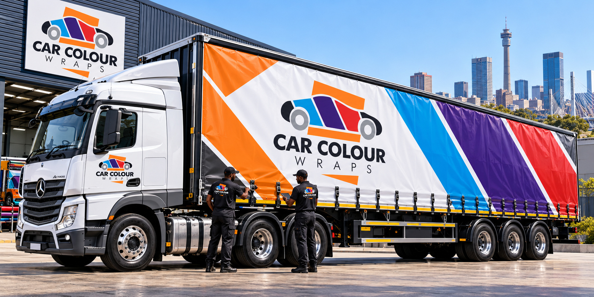 Illustration of a truck with a printed curtain-side trailer in orange, red, blue and purple