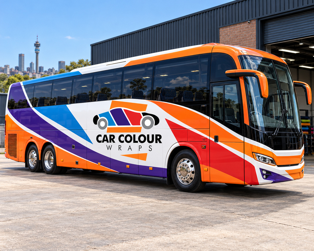 Illustration of a coach bus with orange, blue, red and purple printed branding