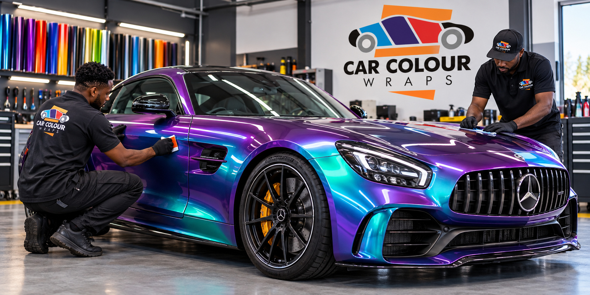 Illustration of a sports car in a purple-to-teal colour shift wrap being finished by two installers