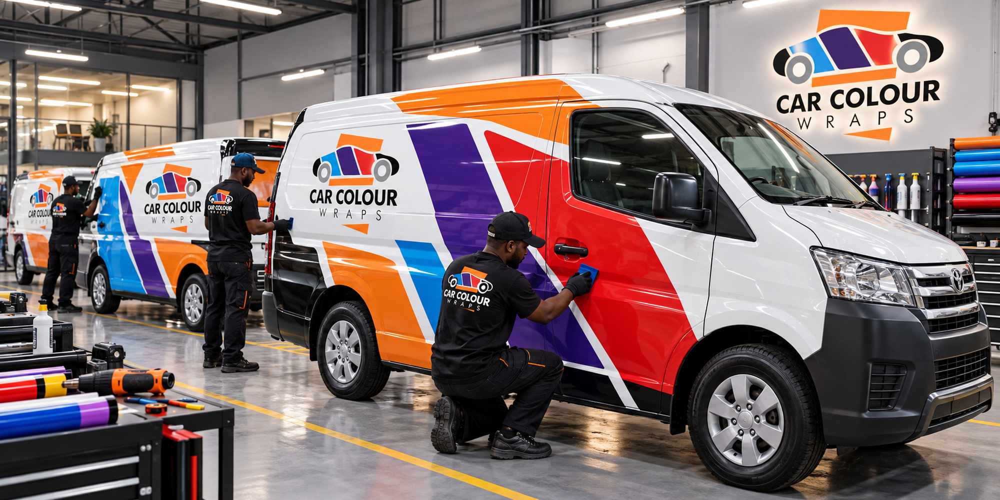 Illustration of a row of white panel vans with matching printed branding being installed by a team