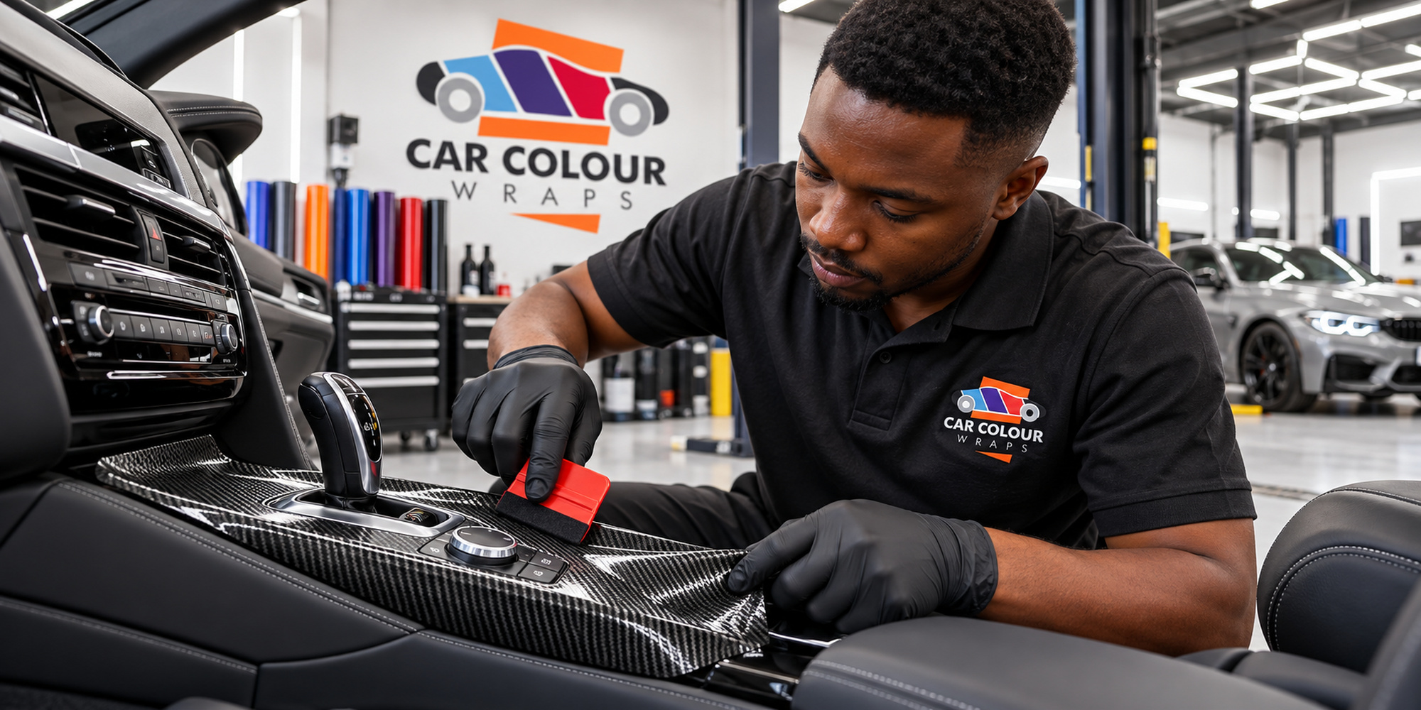 Illustration of a technician applying carbon fibre look film to a centre console trim panel