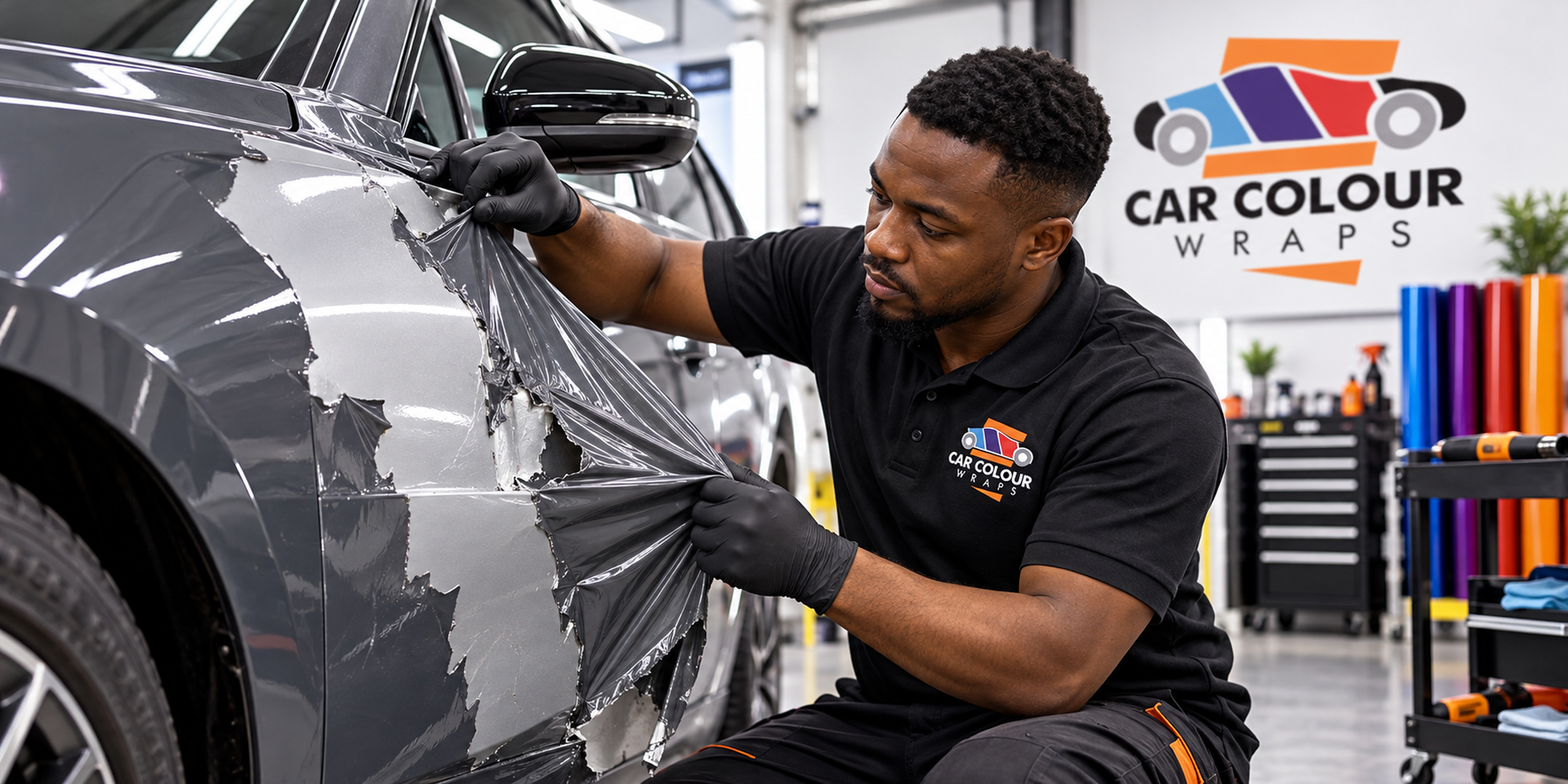 Illustration of a technician peeling an old grey vinyl wrap off a car door