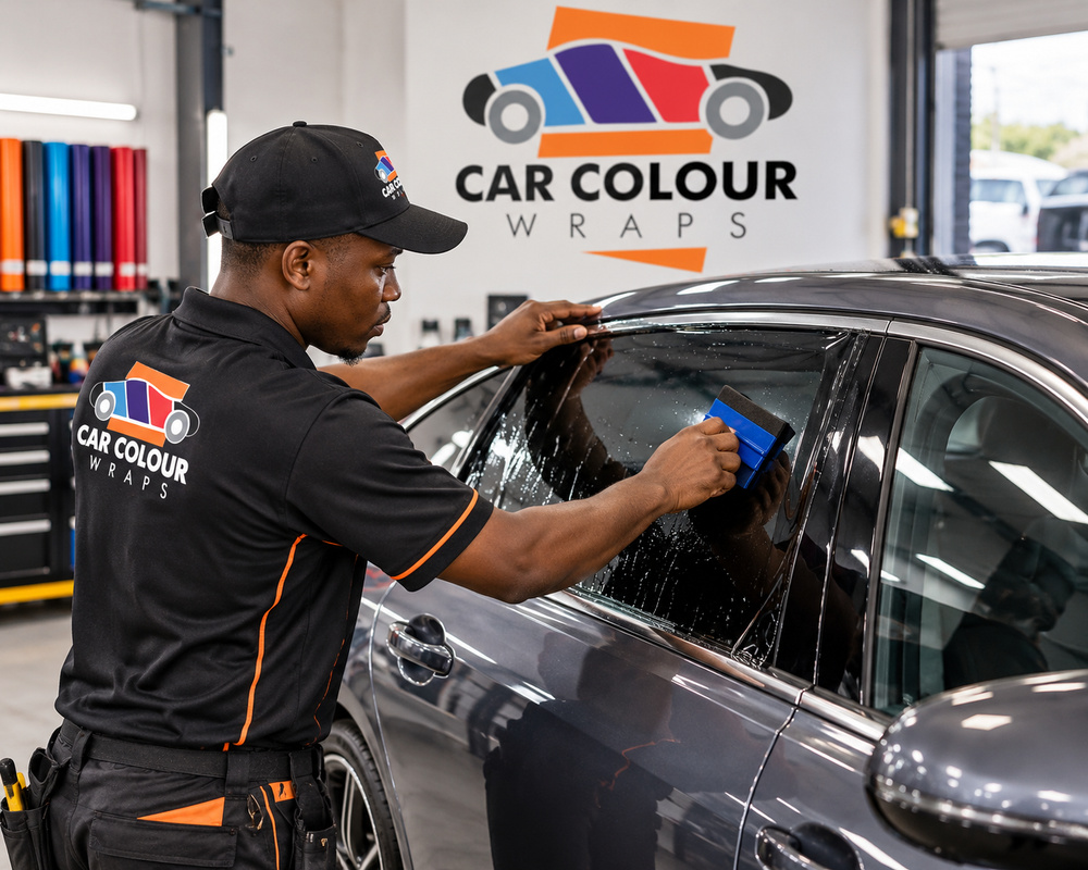 Illustration of a technician applying tint film to a car side window