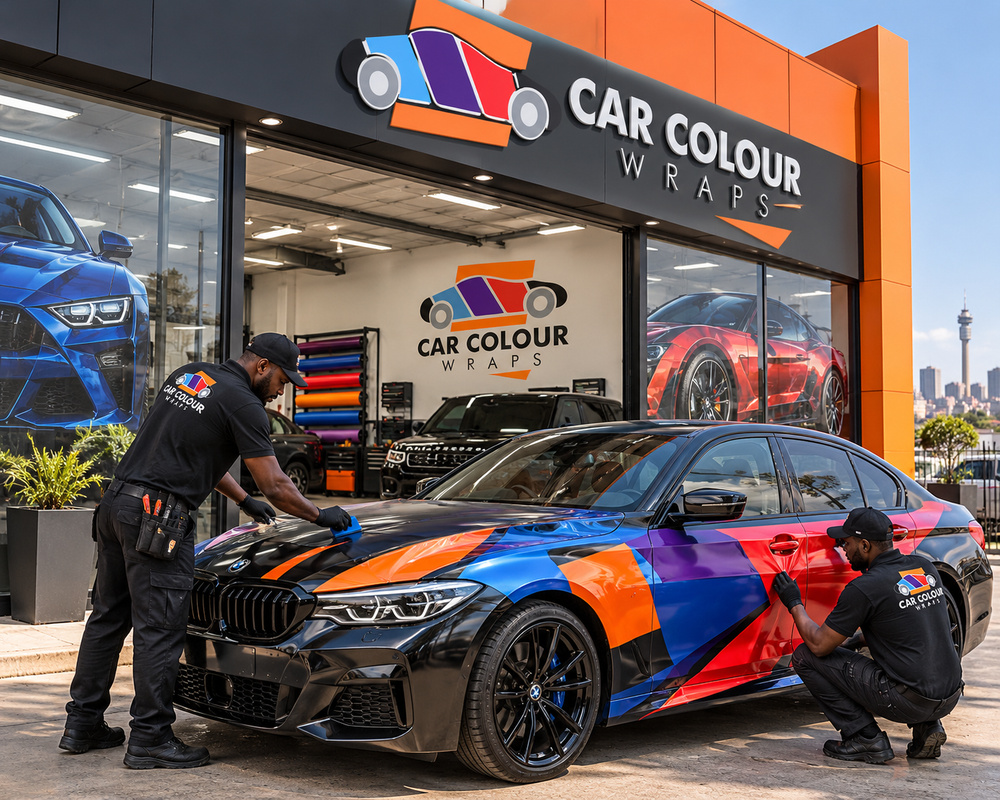 Illustration of a branded shopfront with wrapped cars outside